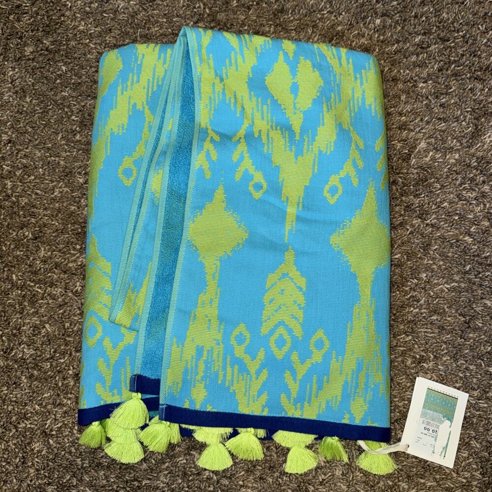 John Robshaw Ravi Peacock Beach Towel w/ Tassels 40" x 70" Cotton Green & Blue